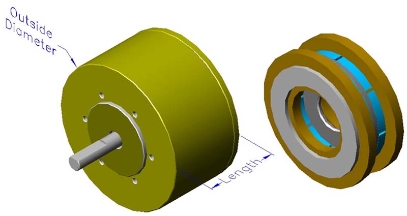 Housed slotless iron core brushless motors, axial, double winding